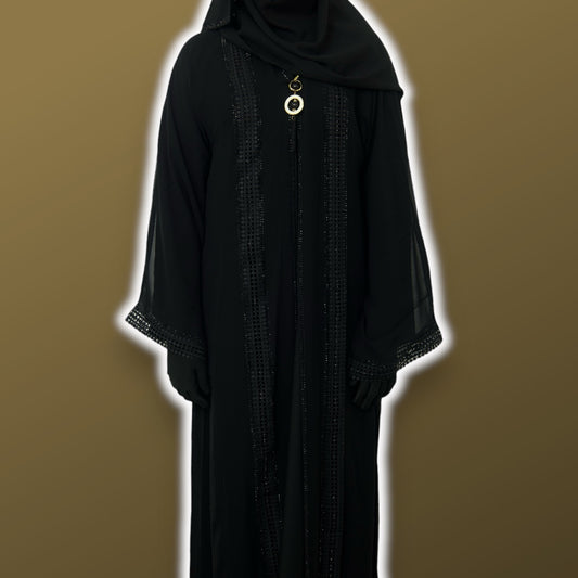 Obsidian Elegance' - Dive into Timeless Sophistication with Our Black Lase and Chiffon Abaya